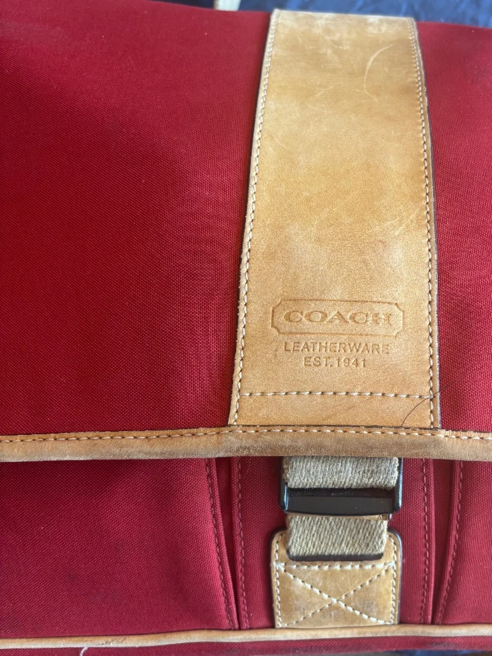 Coach Transatlantic Messenger and Commuter Bag- red canvas with tan leather